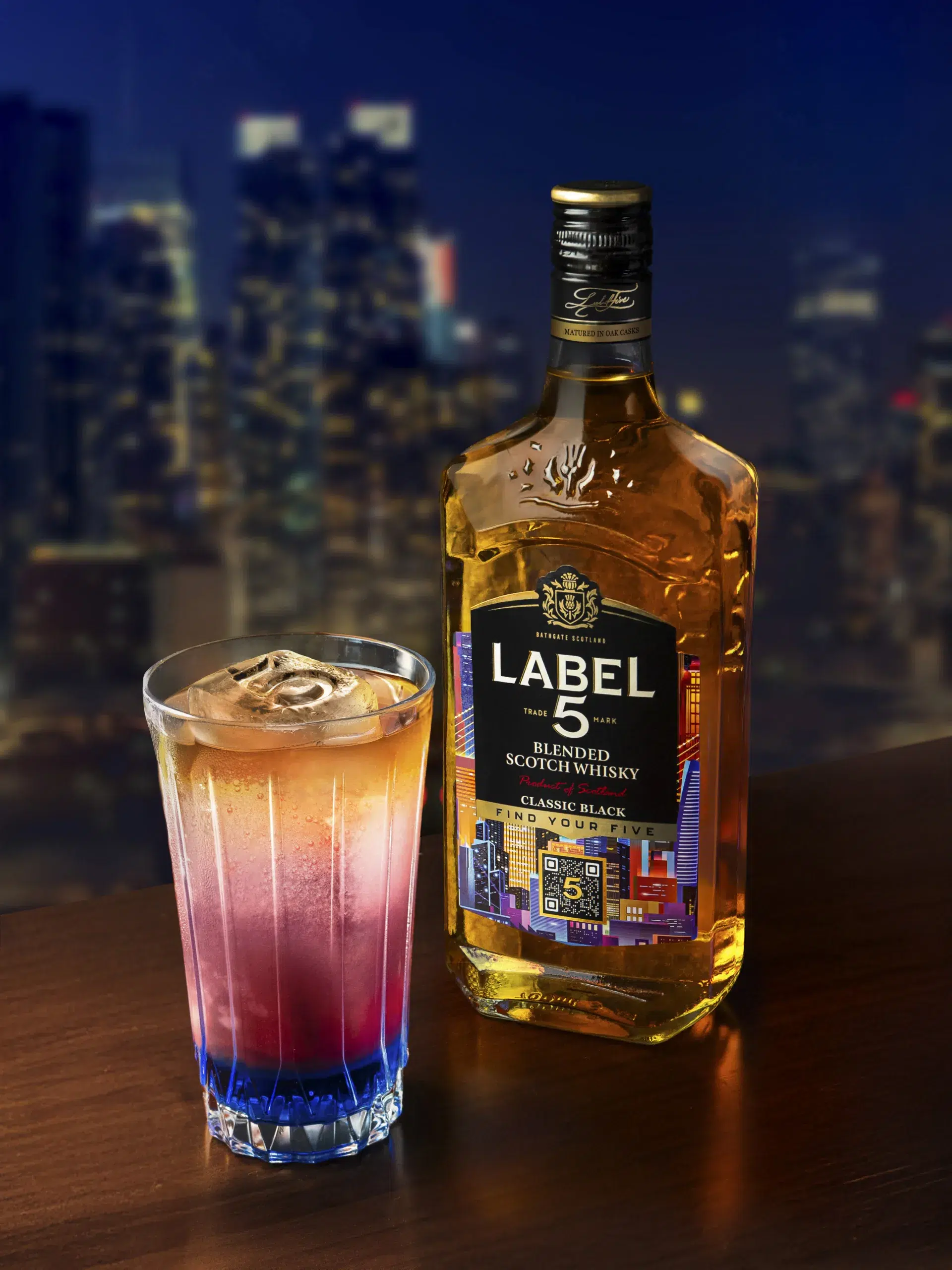 Label 5 limited edition 'Find Your Five" bottle and the exclusive cocktail with city nights background