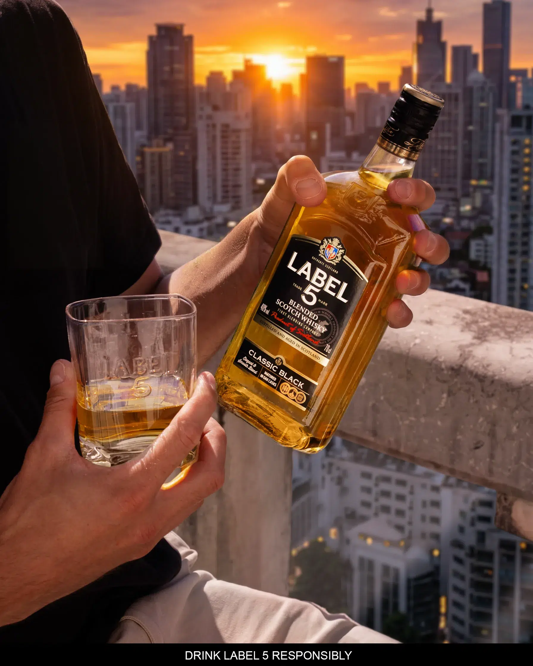 LABEL 5 Classic Black Scotch Whisky - Bottle and city